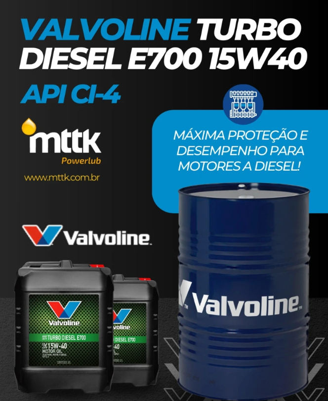 O Valvoline Turbo Diesel E700 15W40 garante durabilidade, limpeza e eficiência para o seu veículo a diesel.